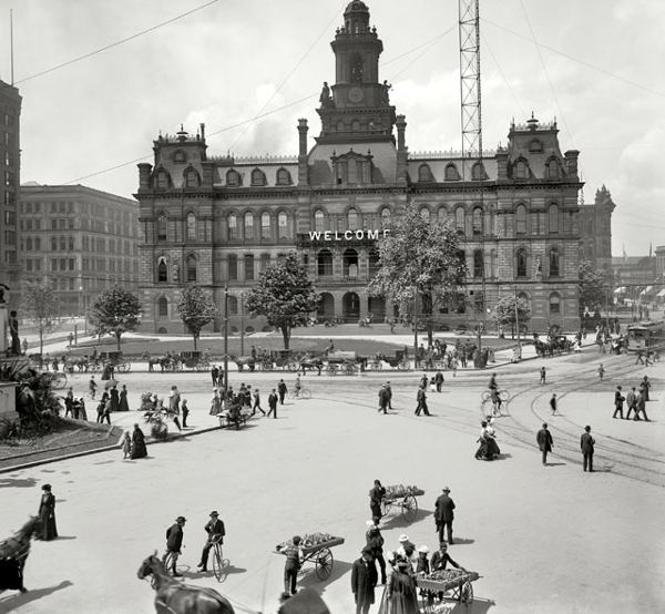 Downtown Detroit, just before cars, 1900. What was going down between the men on bicycles?