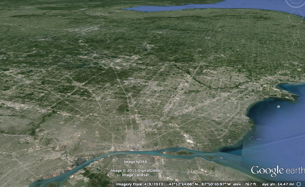 Metropolitan Detroit and Windsor is pretty flat, with lots of land.