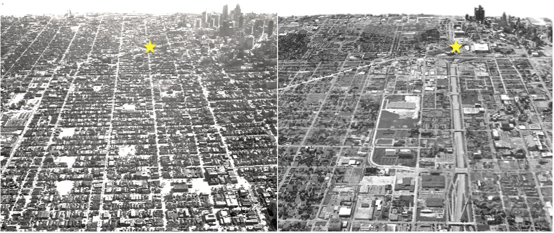 Detroit’s near east side. Left image shows conditions before the freeways, sometime in the 1930s - 50s. Right image is the current view. Star shows location of Hastings Street, which was the heart of the Paradise Valley neighborhood.