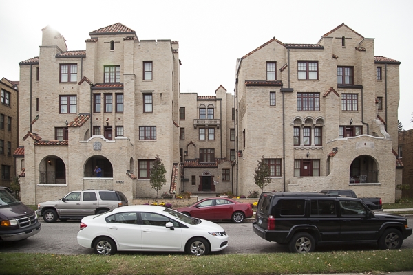 One of the many beautiful apartment buildings lining Manderson Street in the Palmer Park Historic District