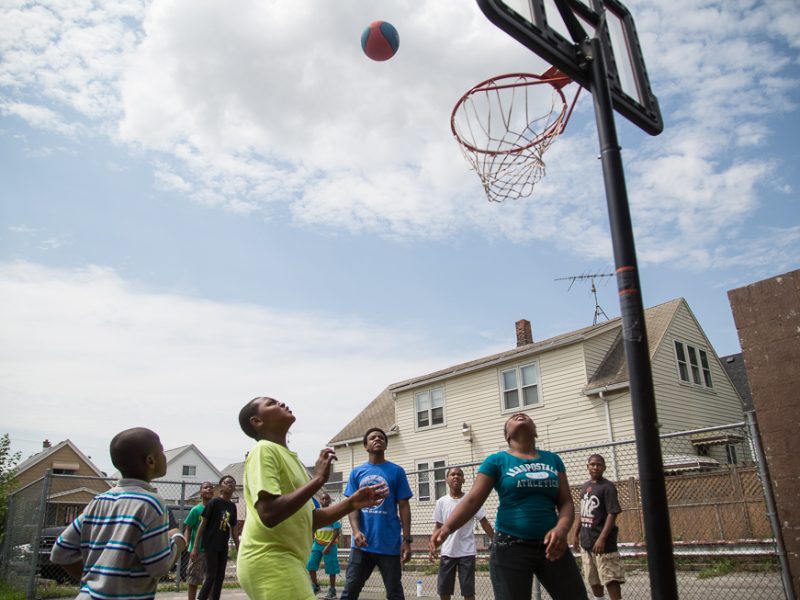 A basketball hoop in Pulaski Park