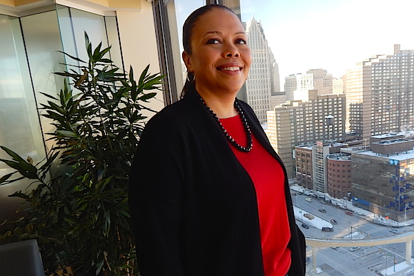Amber Gladney in offices of Invest Detroit in the Renaissance Center