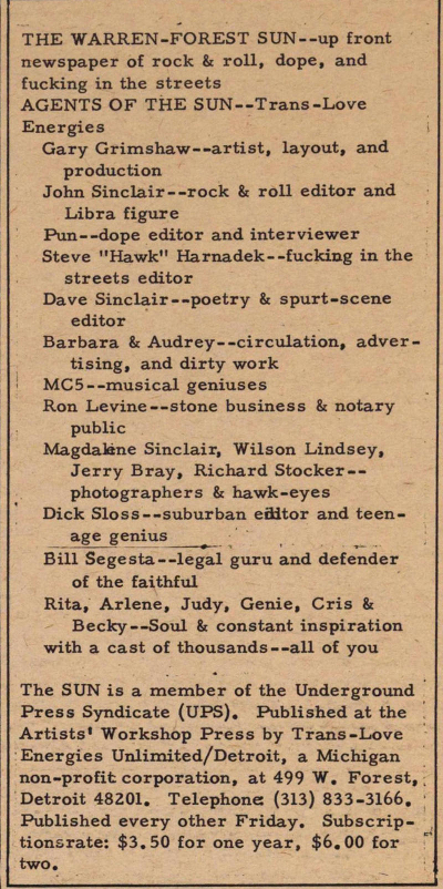 The credits of the Warren-Forest Sun (Photo from the Ann Arbor District Library)