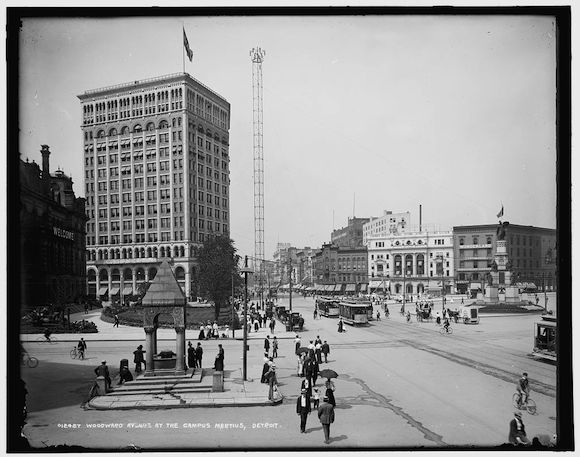 A light tower on Woodward Avenue in Campus Martius. Via Library of Congress.