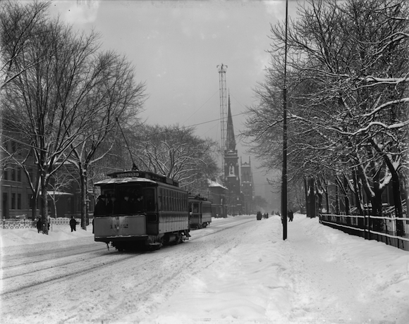 An electric streetcar on Woodward Avenue