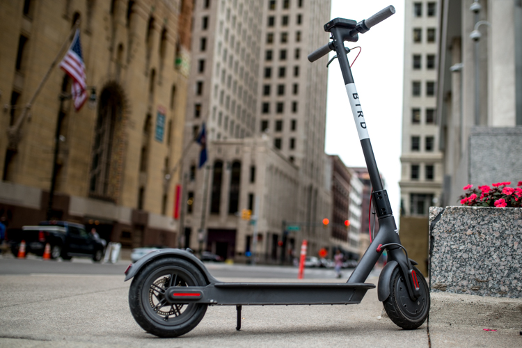 A Bird scooter in downtown Detroit