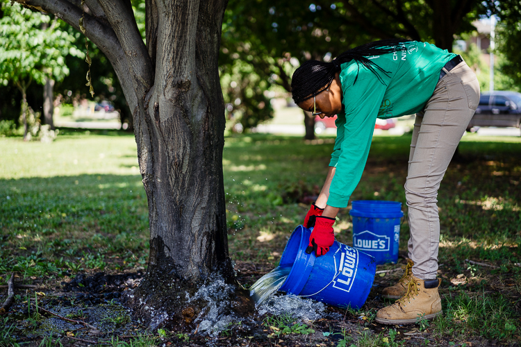 A Green Corps member waters a tree