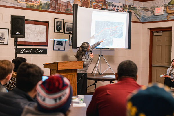 Simone Sagovac speaks at a community meeting in Delray
