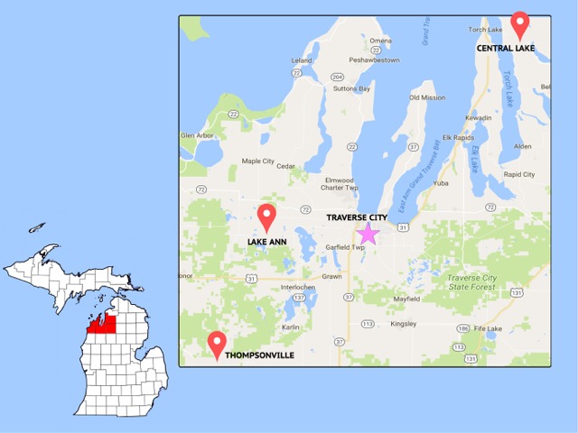 Map of the small Michigan towns Thompsonville, Lake Ann, and Central Lake