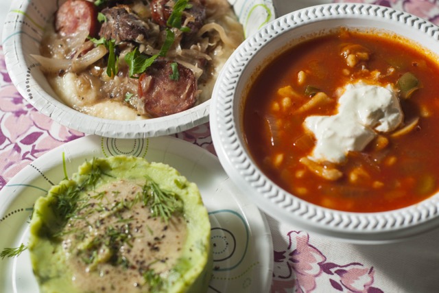 At Bumbo's: Bigos, Hungarian egg noodle soup, green potato salad