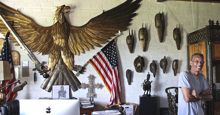 A hand-built metal eagle, alongside a fraction of Nielbock's African art collection
