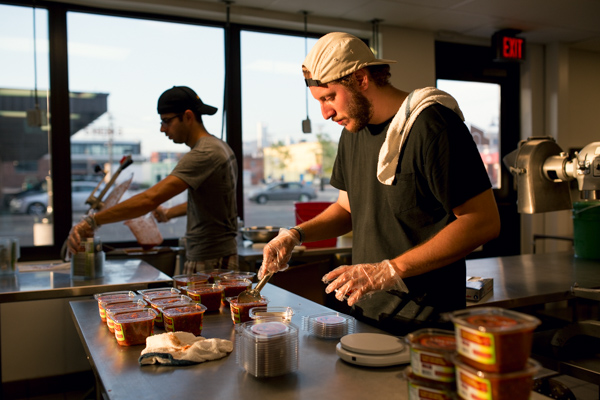 Patrick Schwager and Carlos Parisi making salsa in Eastern Market's community kitchen