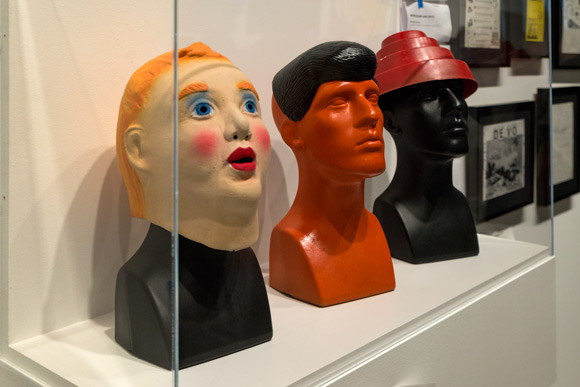 Booji Boy mask, far left, on display at MOCA Cleveland