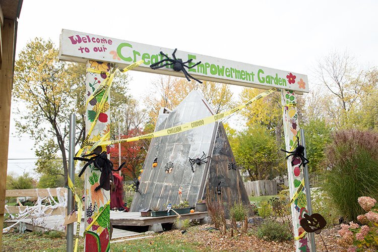 Halloween decorations adorn the Creative Empowerment Garden to allow neighbors to celebrate the spooky season in a safe way during COVID-19. 