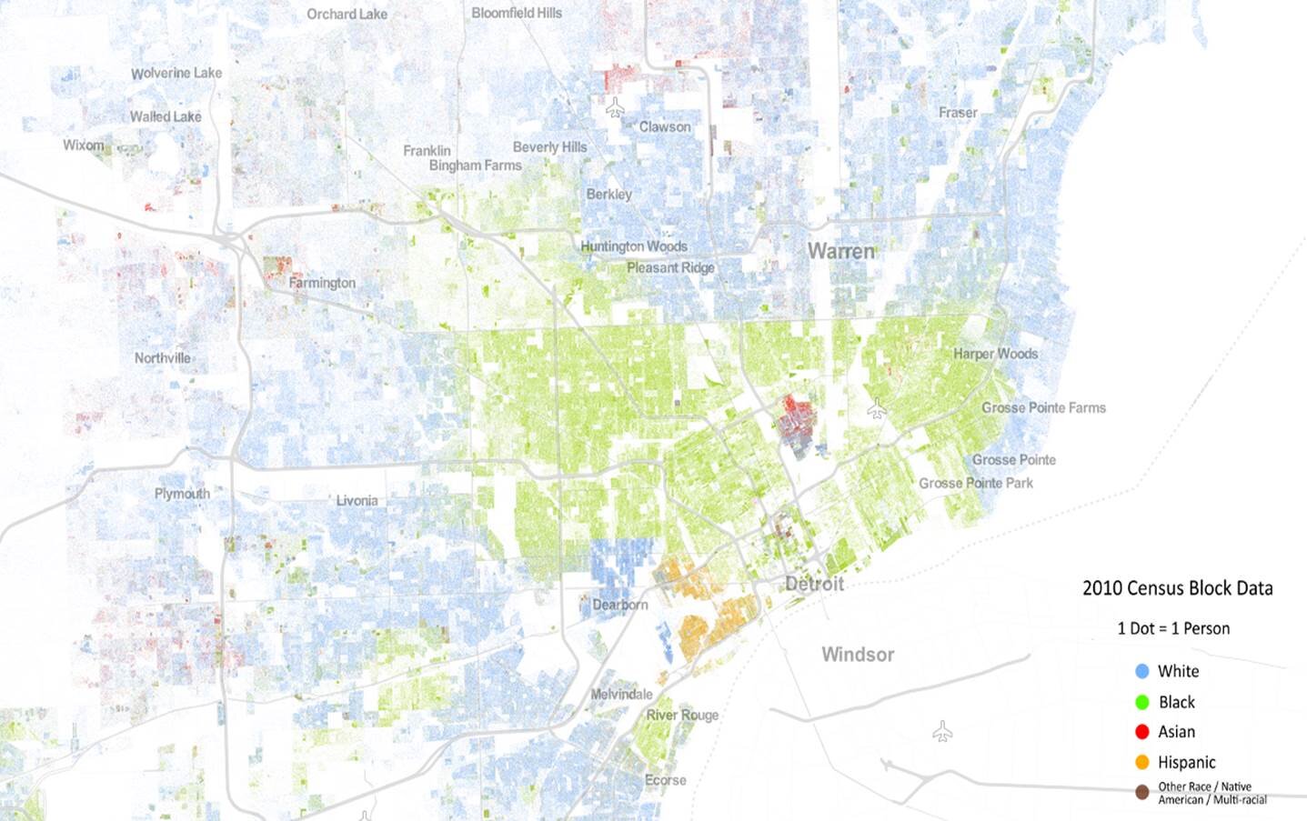 Racial Segregation dot map of Metro Detroit. Source: Wired