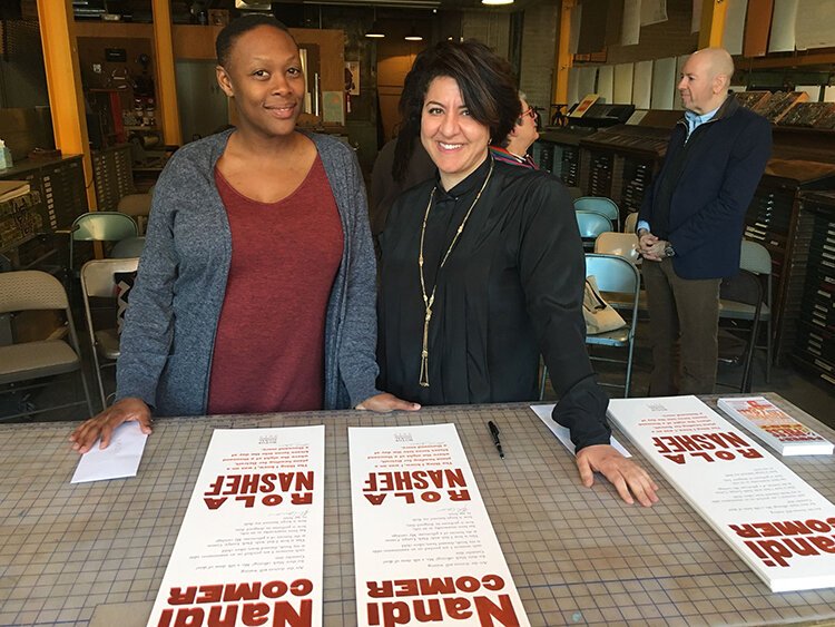 Nandi Comer and Rola Nashef at a Motor Signal Reading Series event.