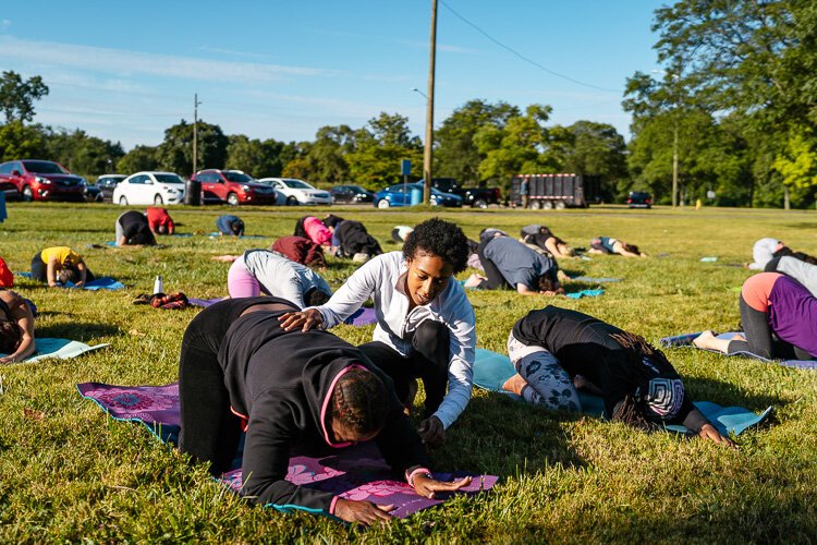 Kerrie Trahan teachers yoga at Detroit's Palmer Park.
