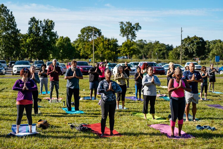 Kerrie Trahan teachers yoga at Detroit's Palmer Park.