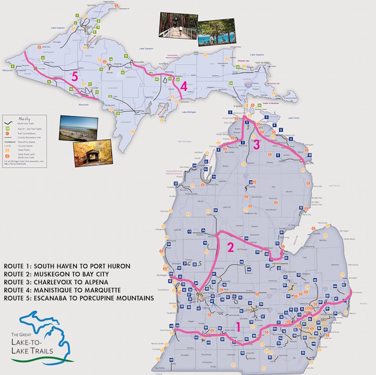 Great-Lake-to-Lake-Trails-Route-Overview: Great Lake-to-Lake Trail routes, Courtesy of Michigan Trails and Greenways Alliance