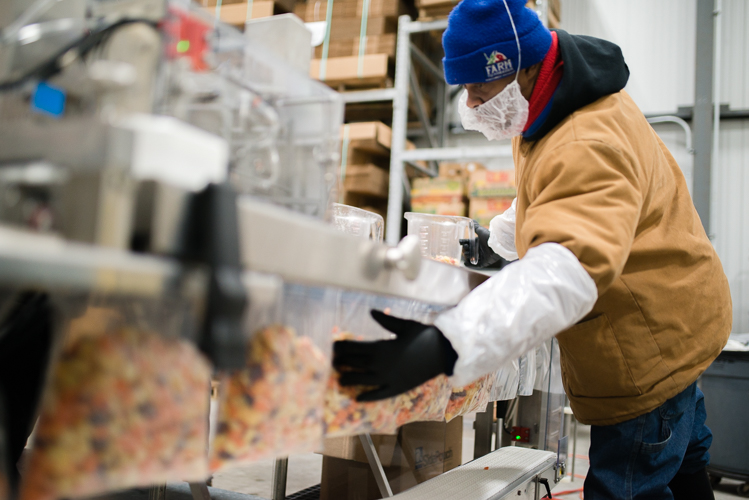 Employees prepare Michigan-grown carrots for freezing.