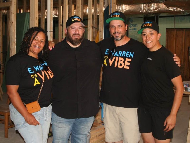 Left to Right in the future E. Warren Commercial Kitchen: Brie’Ann Bell, Markets and Activation Coordinator; Joe Rashid, Executive Director; Nate Kepinski, Market Associate; Diana Gomez, Commercial Kitchen Manager and Chef and Owner of Taco Hernandez