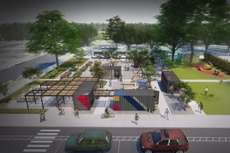 Rendering for the Create-A-Lot Pop-Up Retail Space on Mack Avenue. (Image Courtesy of MACC Development)