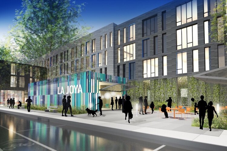 La Joya Gardens' plaza will connect the project with the commercial corridor and be a welcoming place for residents and customers in its ground-floor retail spaces alike.