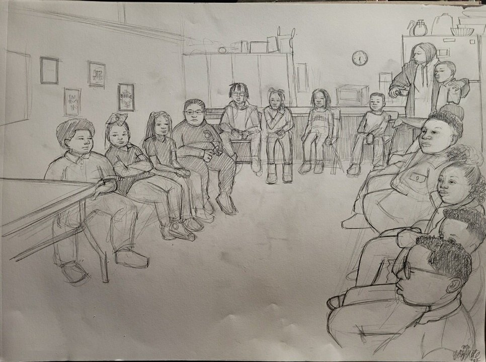 Clifton "Mr. CliffNote" Perry sketches the enlightening youth listening session.