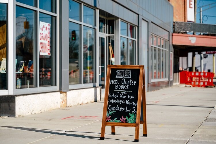 A sandwich board announcing Next Chapter Books pop-up at the Alger Theater. (Nick Hagen)