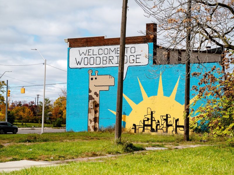 A colorful mural by Carl Oxley III welcomes people into Woodbridge.
