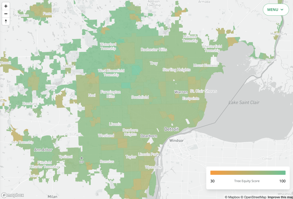Tree Equity in Detroit on a score of 0-100. Image: America Forests.