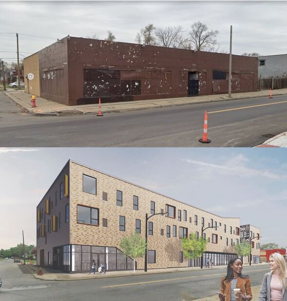 Property along W. McNichols today, and a rendering of what the development will look like from the same perspective.