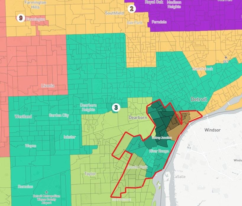 A map from Detroit Hispanic Development Corporation. The red perimeter outlines a Community of Interest while each color inside is a current district, dividing the Latino population into three districts.
