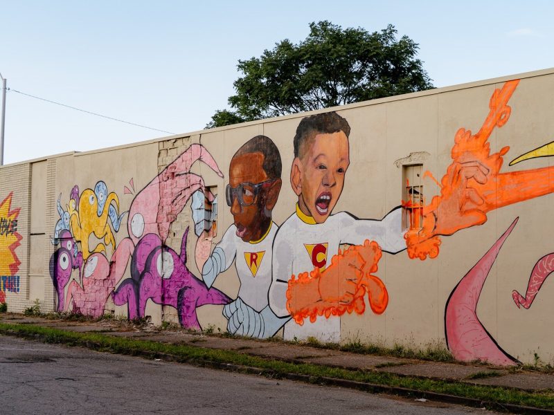 Tylonn J. Sawyer mural of his nephews fighting aliens off E Grand Blvd on St. Antoine