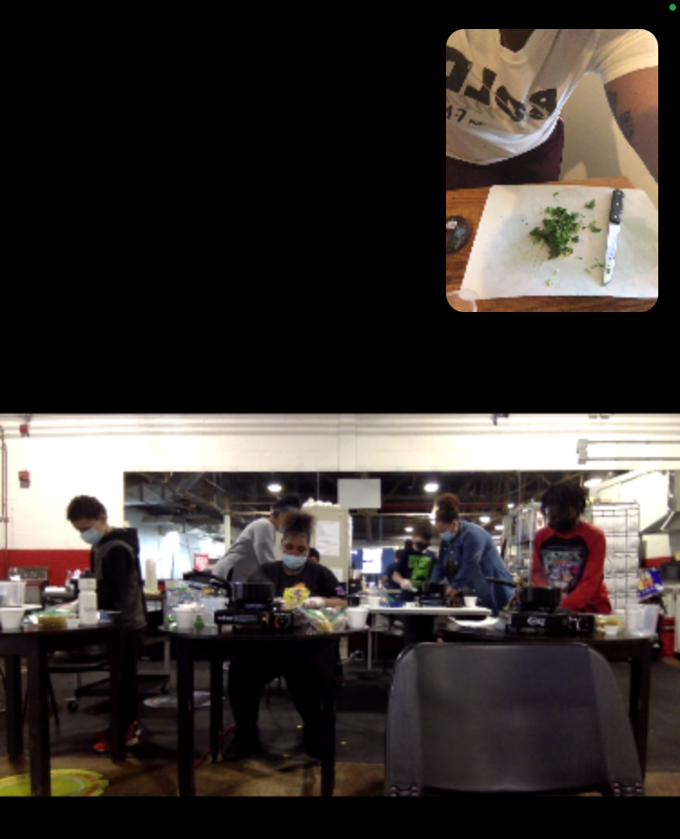 Students take The Learning Kitchen instruction remotely.