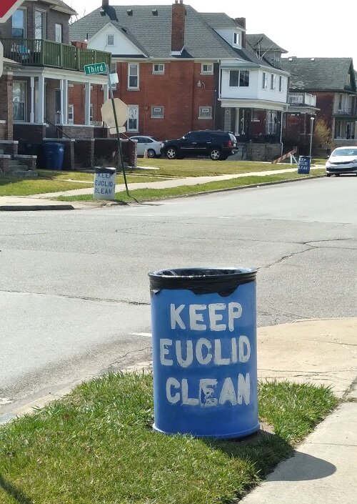 A "Keep Euclid Clean" trash bin.