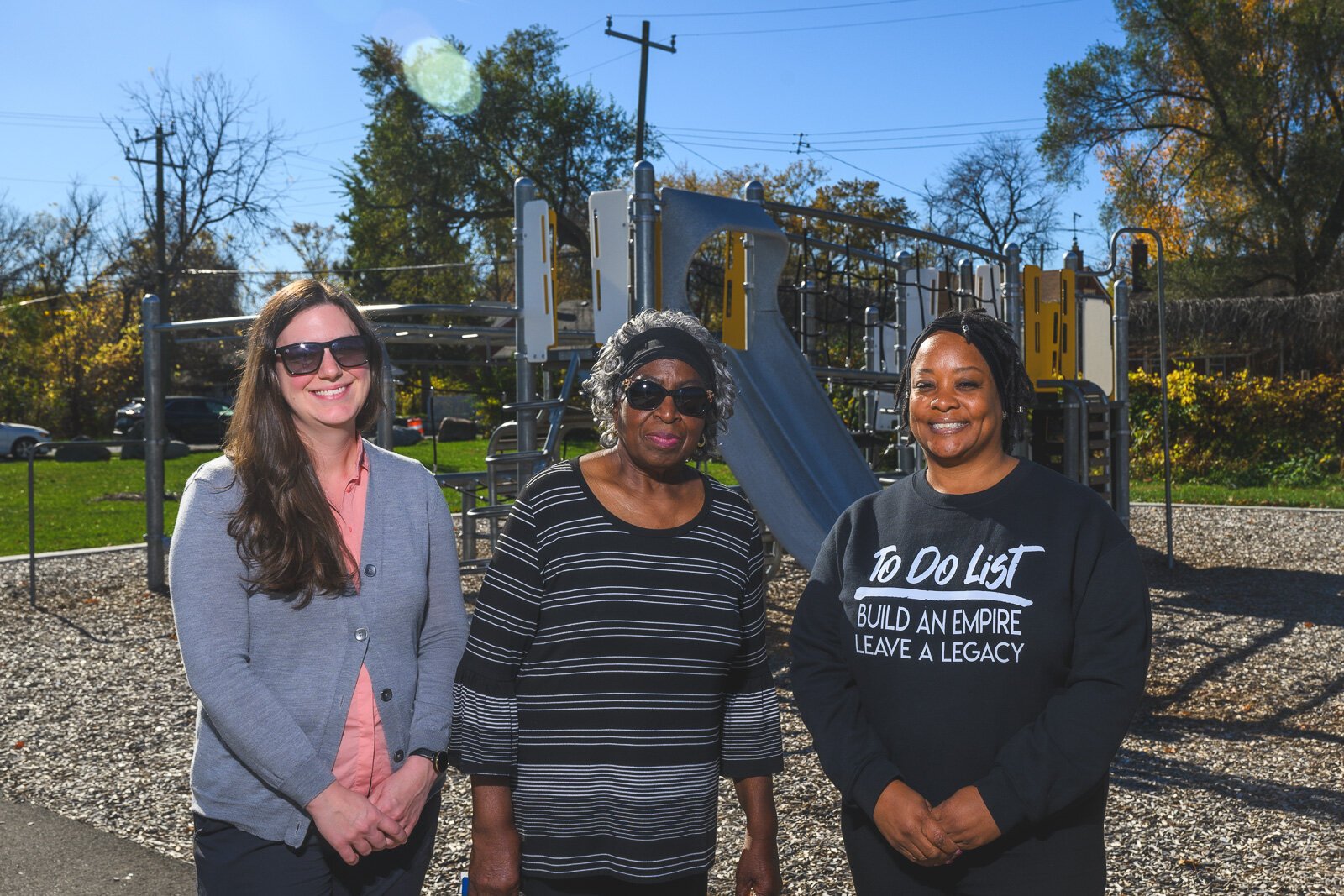 Juliana Fulton, Mary Marsh, and Kenyetta Campbell at Greenview-Wadsworth Park in Detroit.