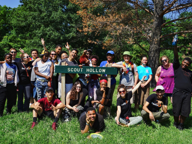 Teens with the BuildOn Program in Detroit pose during their summer campout at Scout Hollow Campground in Rouge Park, coordinated by Detroit Outdoors.
