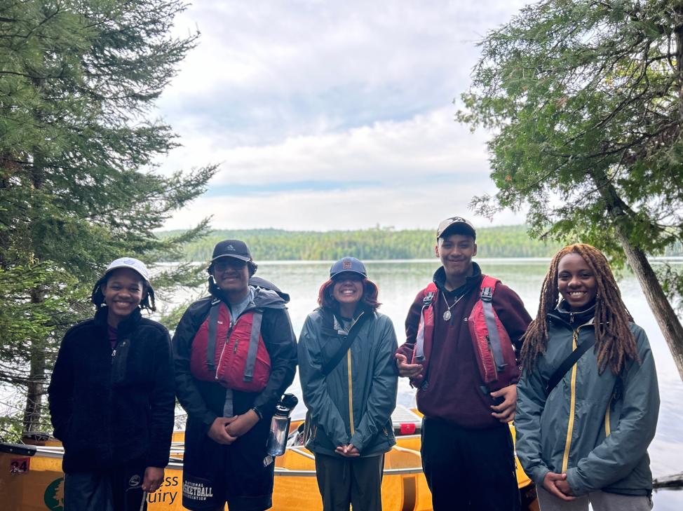 Alana Murrie, Jared Roblero-Morales, Mads Martinez, Adrian Gutierrez, and Naja Flemings on a Detroit Outdoors trip to the Boundary Waters region in Ontario.