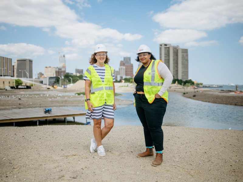 Amy McMillan, director of the Huron-Clinton Metroparks, and Rachel Frierson, vice president of operations and programming for the Detroit Riverfront Conservancy, at the construction site for the future Huron-Clinton Metroparks Water Garden.