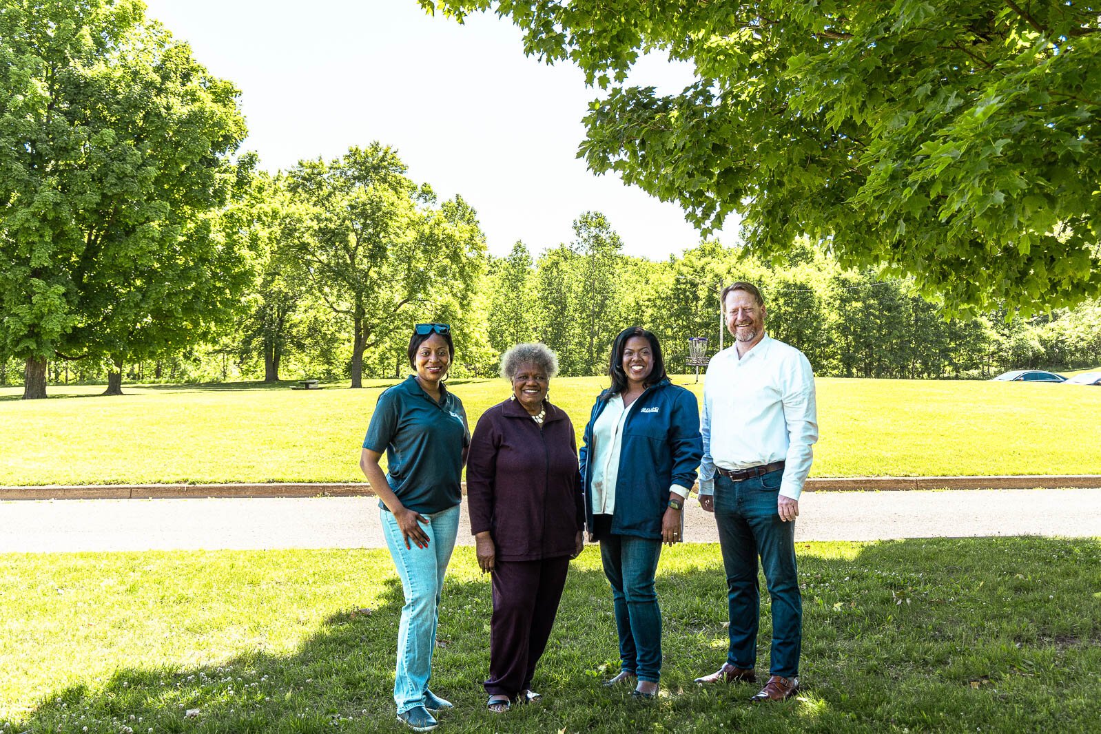 Oakland County Parks Commission Chair Ebony Bagley, Pontiac City Council Member Kathalee James, Oakland County Parks Commissioner Shanell Weatherspoon, and Pontiac Mayor Tim Greimel at Pontiac Oaks park.