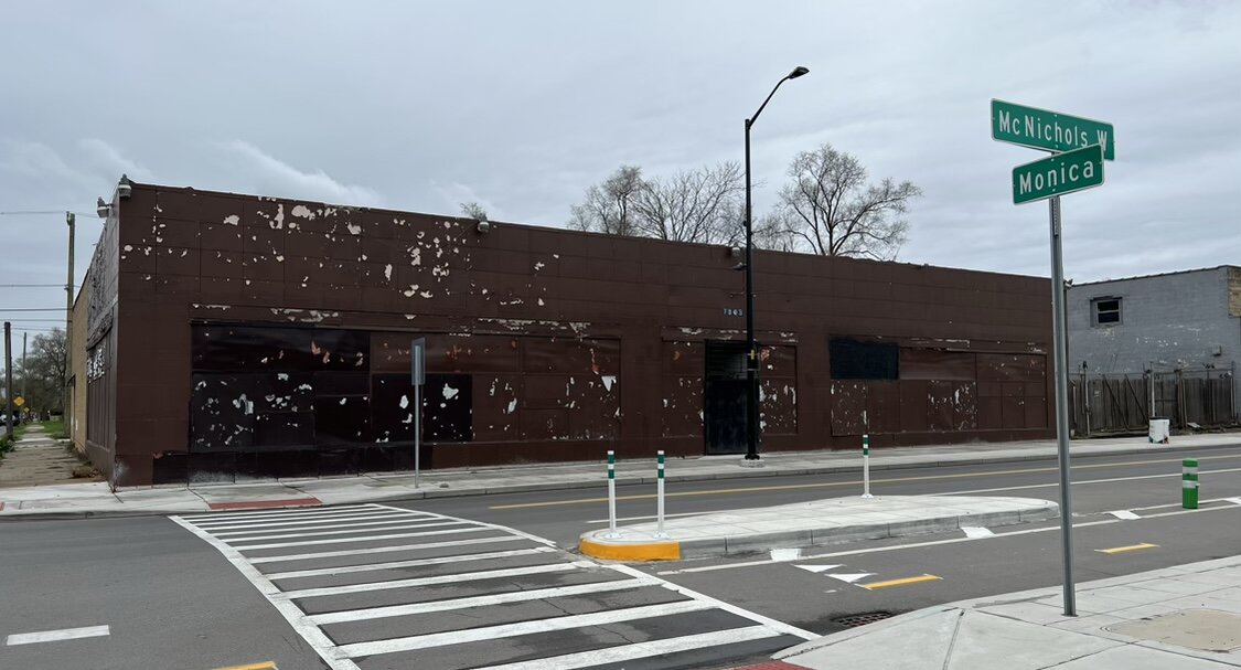 7303 W. McNichols today. The buildings here will be razed to build the block-long Sawyer Art Apartments mixed-use development.