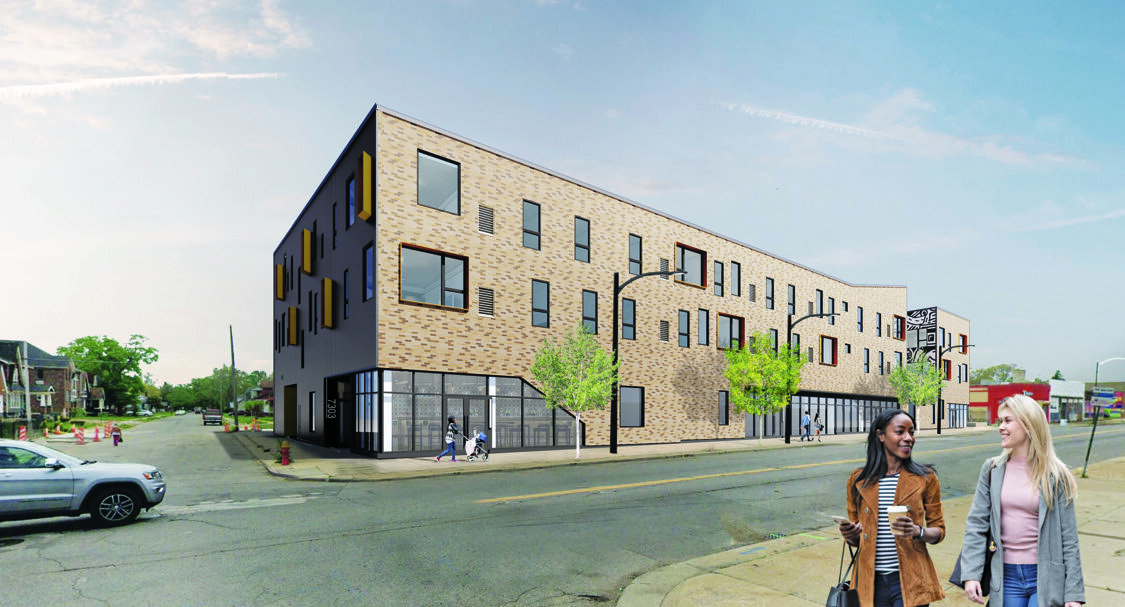 A rendering of The Sawyer Art Apartments, a $10.8 million mixed-use development with 38 apartments and more than 6,000 sq. ft. of commercial space. The building is expected to be completed by the end of 2023.