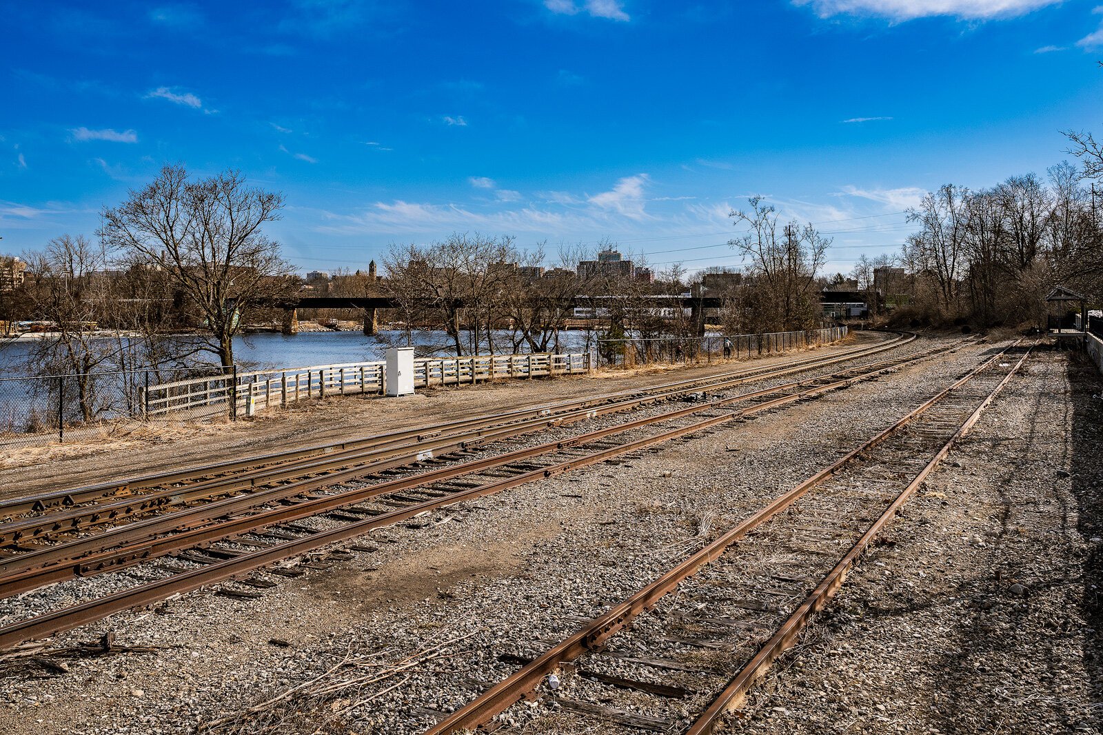 The Norfolk Southern-owned east-west passenger rail tracks in Ann Arbor, with the Great Lakes Central-owned north-south line in the background.