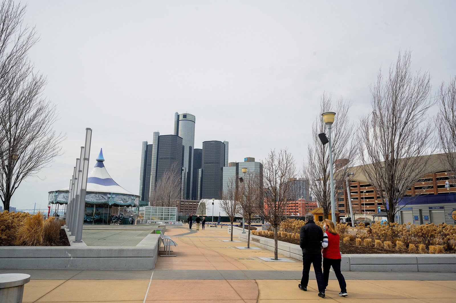 People walking on the Detroit Riverwalk.