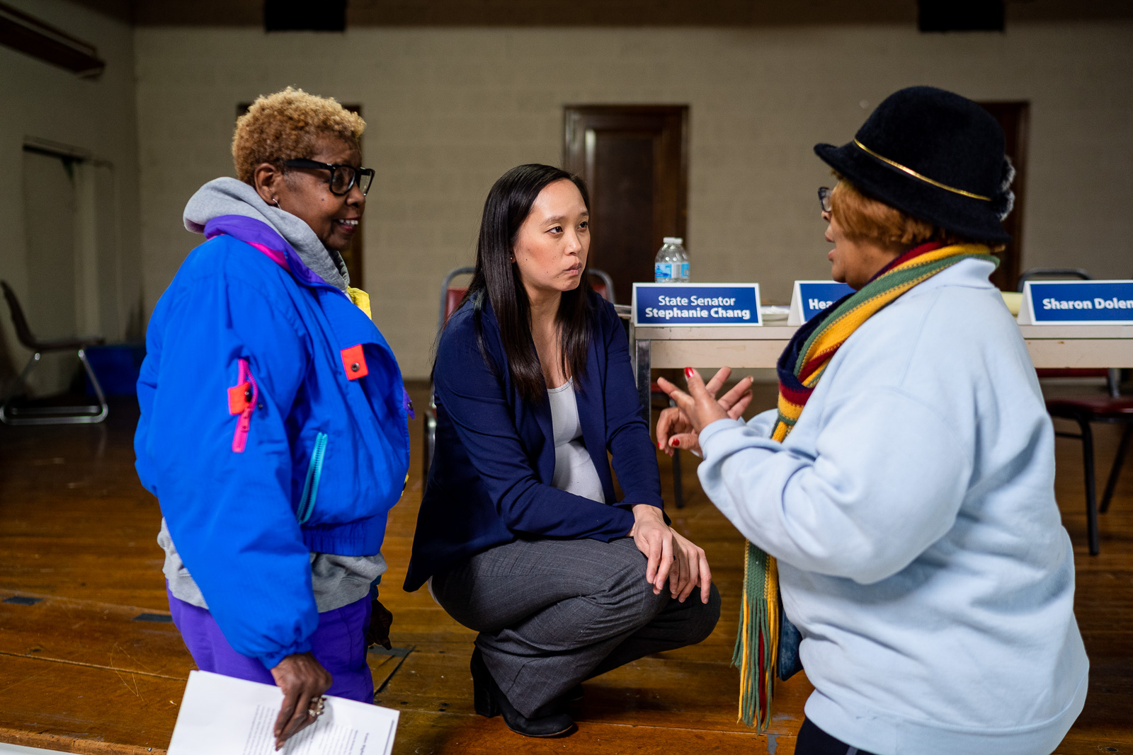 Chang speaking with constituents after a town hall