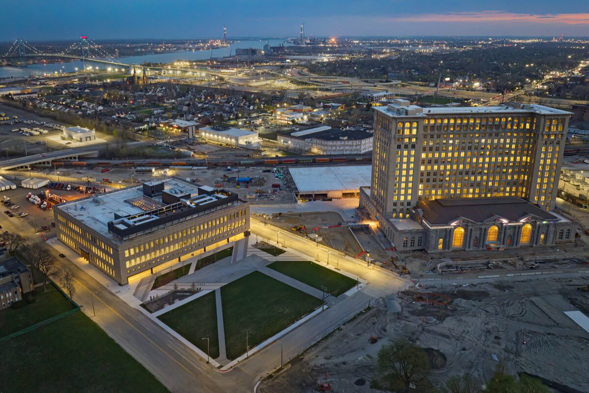 Technology hub Newlab Detroit, pictured here to the left of Michigan Central in Corktown.
