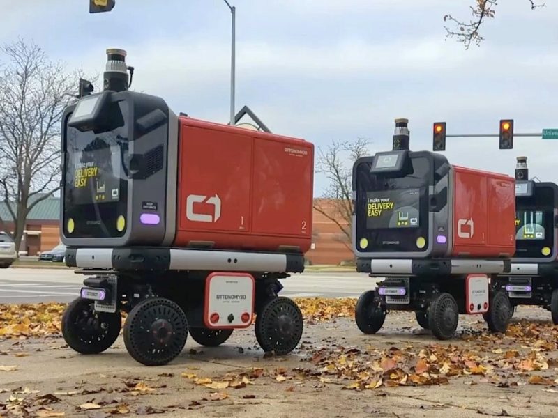 Autonomous "Ottobots" from Ottonomy, one of the companies partnering in Orange Sparkle Ball's food waste pick-up pilot in Corktown.