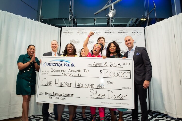 Cathryn Coleman (center), founder and owner of Bouncing Around the Motor City: Party & Event Rentals and 2023 Hatch Detroit grand prize winner.