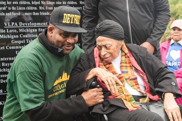 Detroit Historian Jamon Jordan talks with Dorothy Dewberry Aldridge, Civil Rights activist who, for decades, envisioned the beautiful monument unveiled today. (City of Detroit)